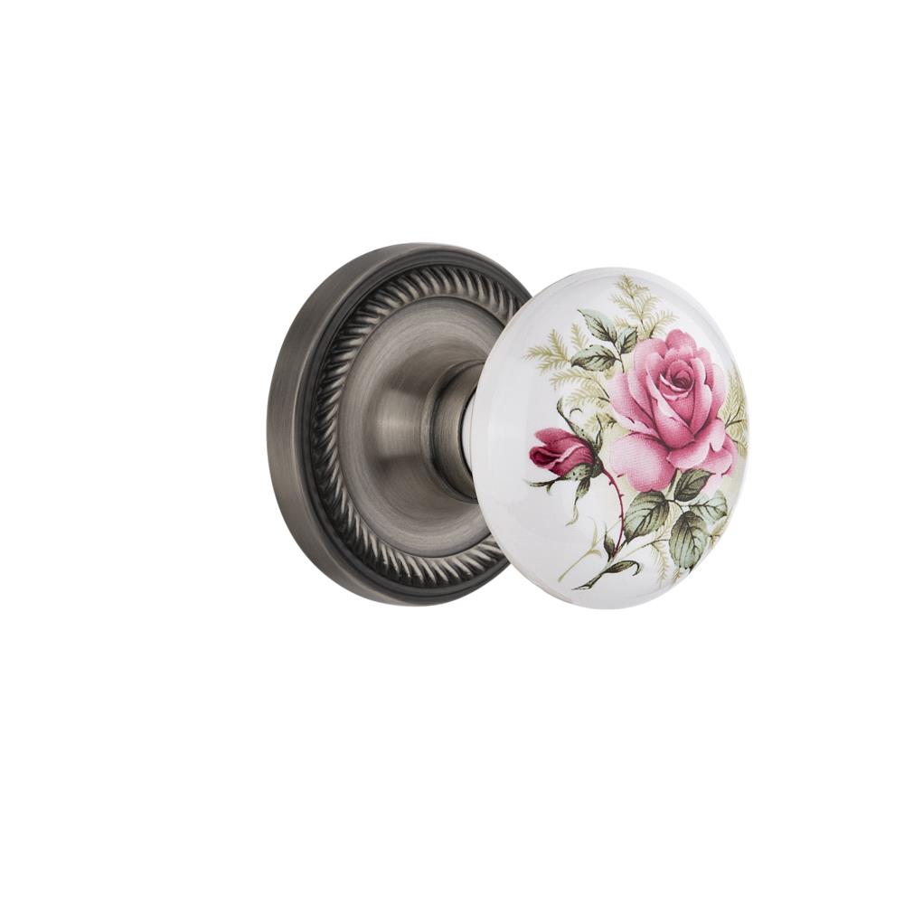 Nostalgic Warehouse ROPROS Double Dummy Rope Rose with Rose Porcelain Knob in Antique Pewter